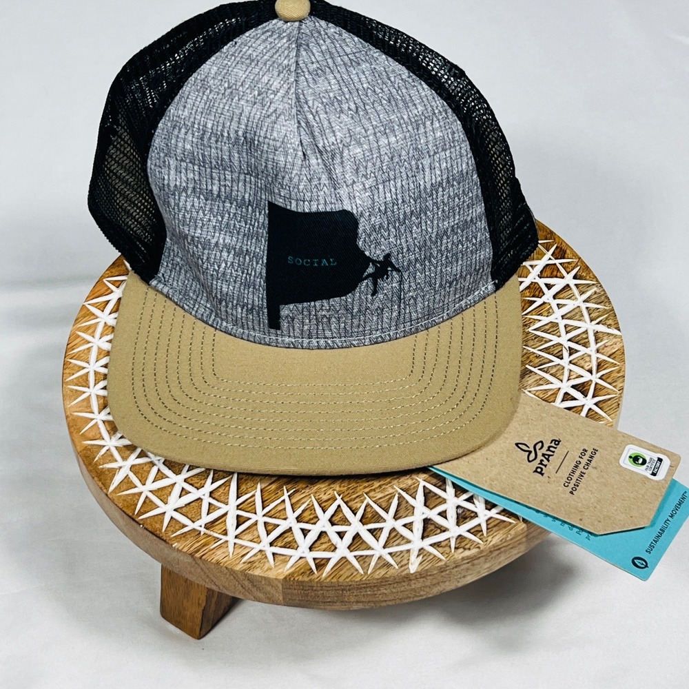 Prana Journeyman Flat Brim Trucker Hat Nomad Climber Grey Tan Mesh Snapback Cap